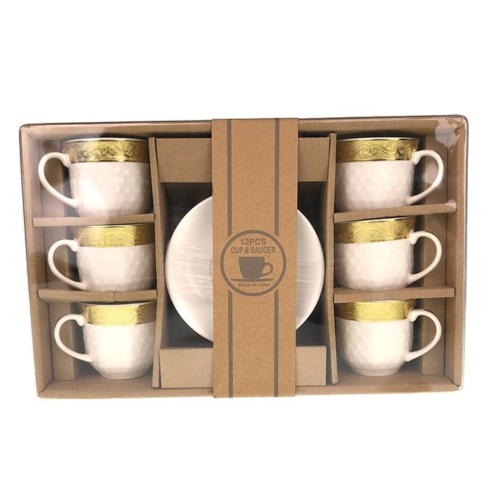 Set din ceramica pentru cafea/ceai, 12 piese, 28X18cm, alb-auriu