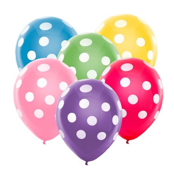 Baloane, diverse culori cu buline albe, 30 cm, 20 bucati