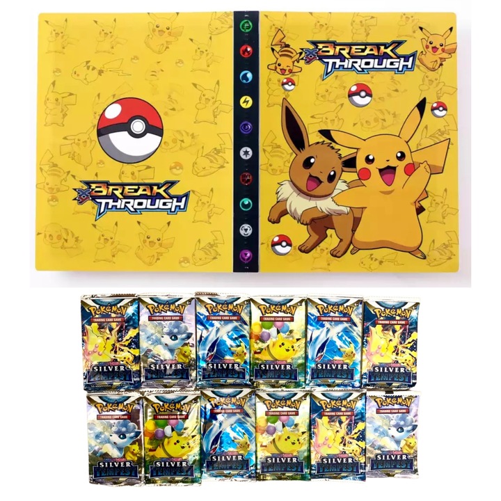 Pokemon album készlet 240 kártyához és 120 Silver Tempest, Pikachu és Eevee kártyákhoz