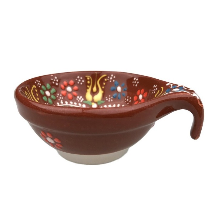 Bol cu toarta pentru sos, ceramica, model floral, pictat manual, 10x4cm, Multicolor, M3