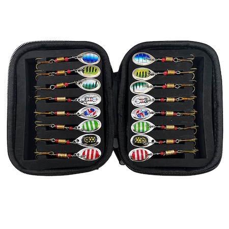 Set 16 spinnere lingurite rotative metalice, Darklove, Cu pescuit la spinning FishingBox, Pentru pescuit la pastrav clean biban si stiuca, 3g - 5.2g, Negru