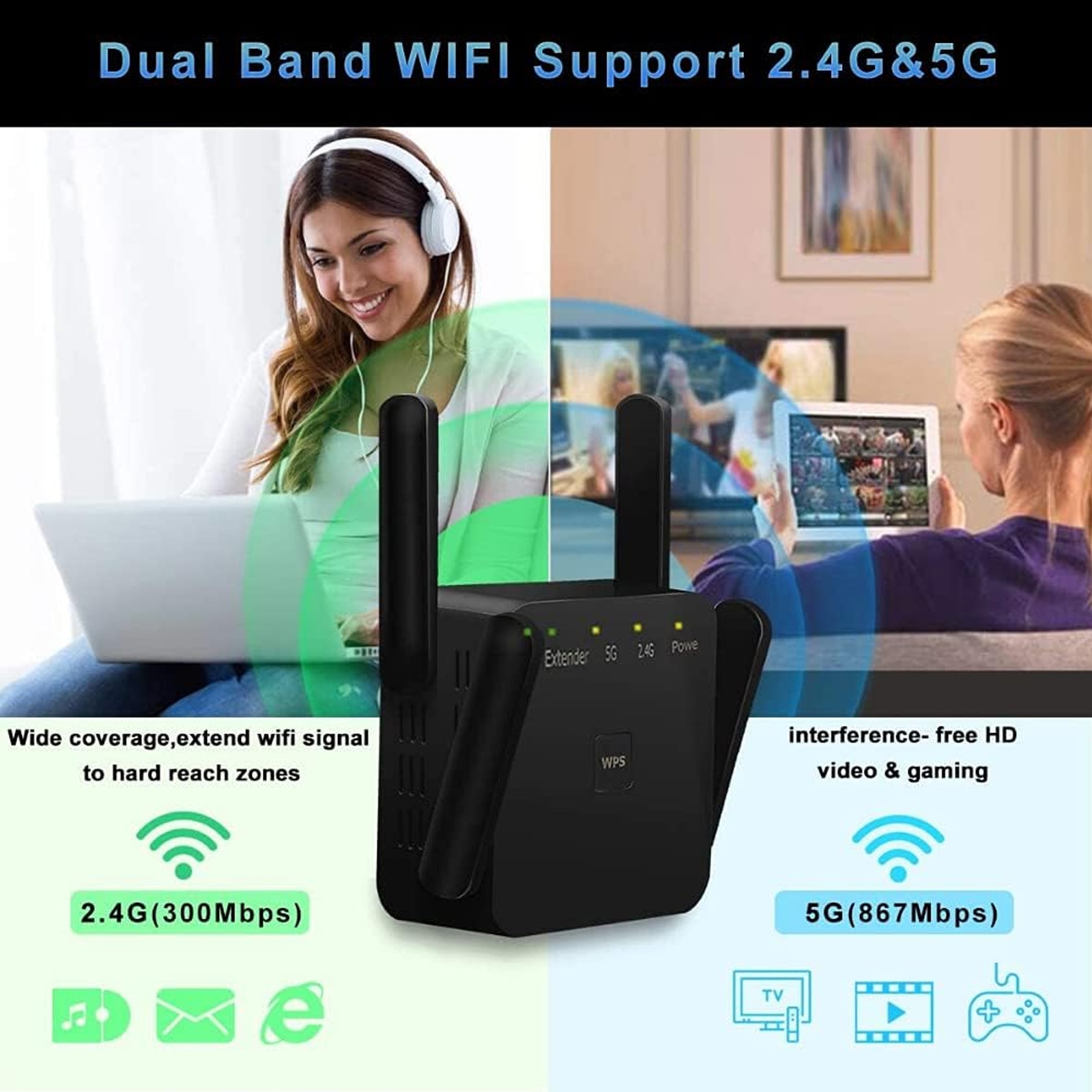 Amplificator Semnal Wireless Darklove Range Extender Retea Wifi 1200mbps Dual Band Retea 5g