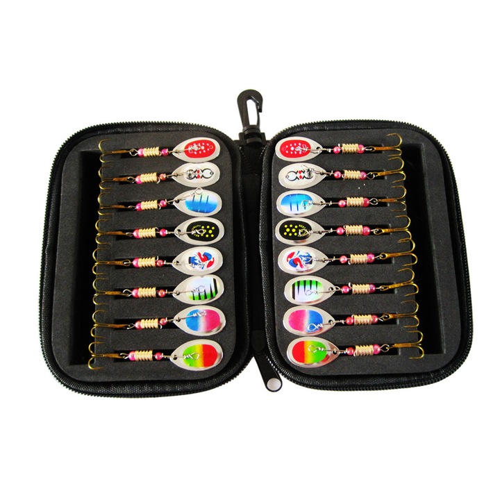 Set 16 lingurite rotative, multicolor, pentru pescuit la rapitor in apa dulce sau sarata, cutie depozitare, 3gr
