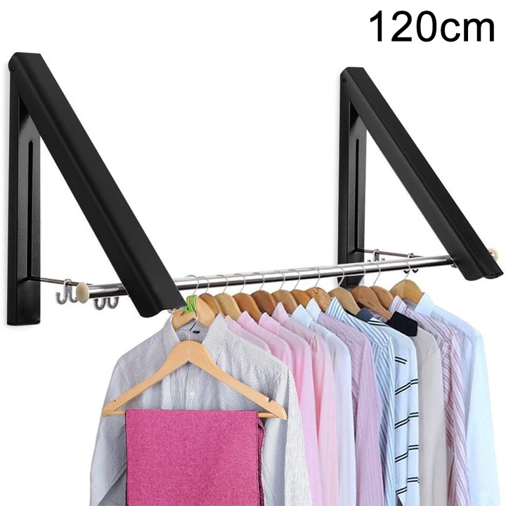Uscator rufe retractabil QttvbTna, aluminiu spatial, negru/argintiu, 40x32.5x32cm, set 2 bare 80cm/3 bare 120cm