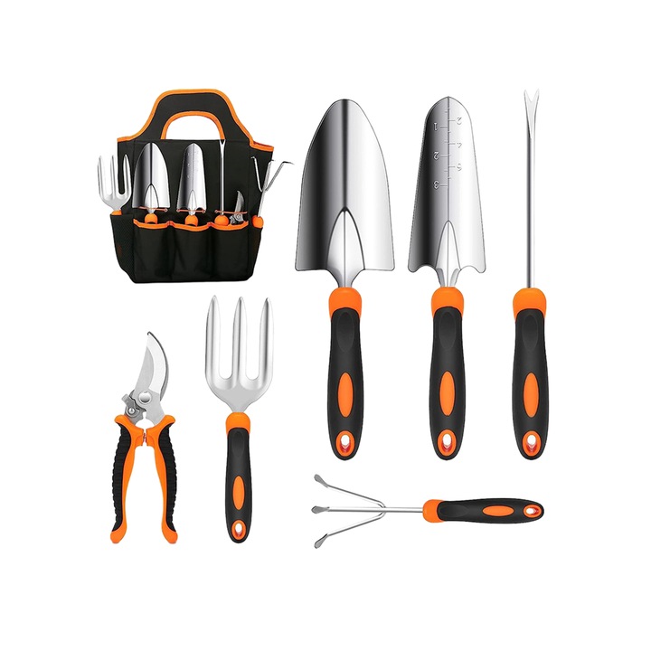Set de scule de gradina, 7 buc, Otel inoxidabil, Cu maner din cauciuc, Cu panza Oxford panza de gradinarit, Portocaliu/Negru