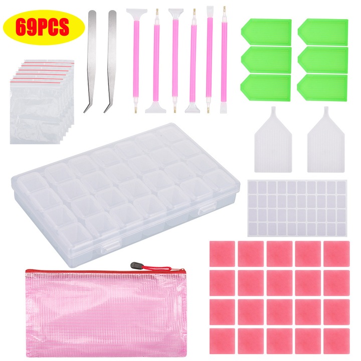 Set 69 accesorii pictura cu diamante, cutie de depozitare, pensete, multicolor