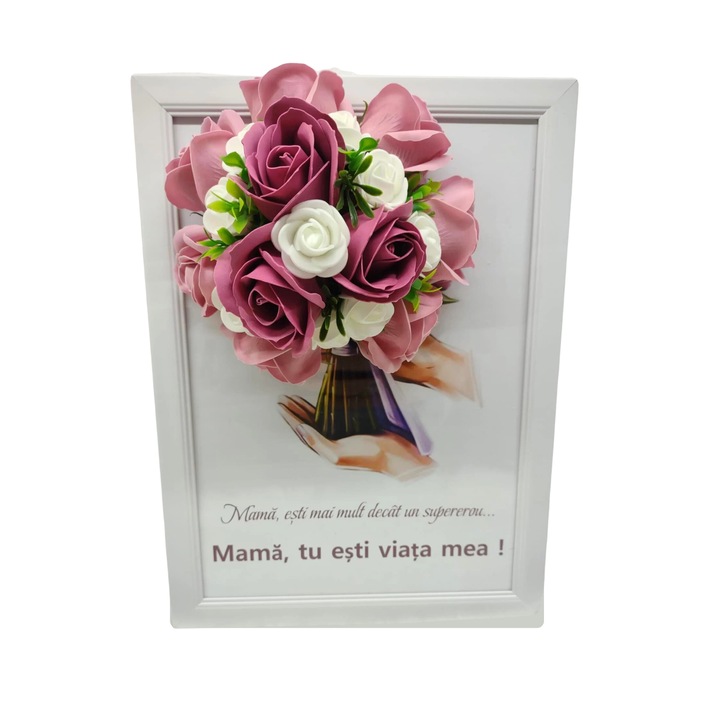 Tablou in rama A4 (30x21cm) - “Mama, esti mai mult decat un supererou, mama tu esti viata mea”, decorat cu flori de sapun, roz si roz spre mov