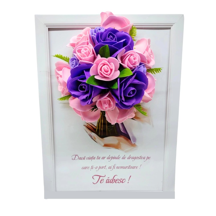 Tablou in rama A4 (30x21cm) - Daca viata ta ar depinde de dragoste pe care ti-o port, Te iubesc! V1 -decorat cu flori de sapun, roz si mov