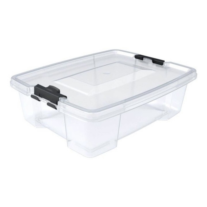 Set 2 cutii de depozitare din plastic transparent, cu capac si manere, 12 l, 42x33.5x14 cm
