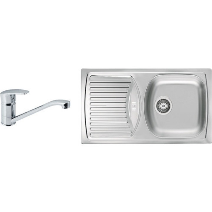 Pachet Chiuveta Bucatarie Alveus Basic 150 Satin Inox, Picuraturor Pe Stanga + Baterie Monocomanda Milena