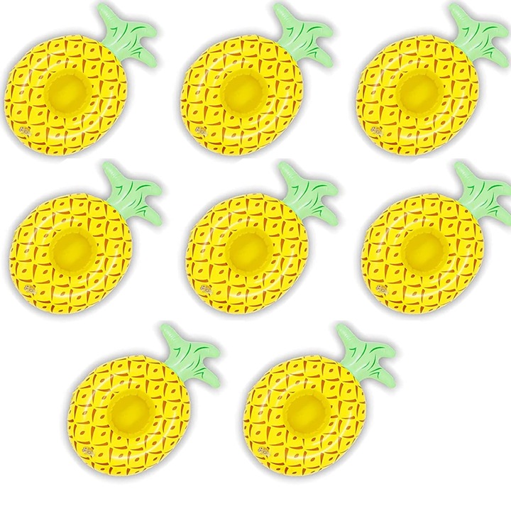 Комплект от 8 надуваеми поставки за напитки, QttvbTna, PVC, форма на ананас, жълт