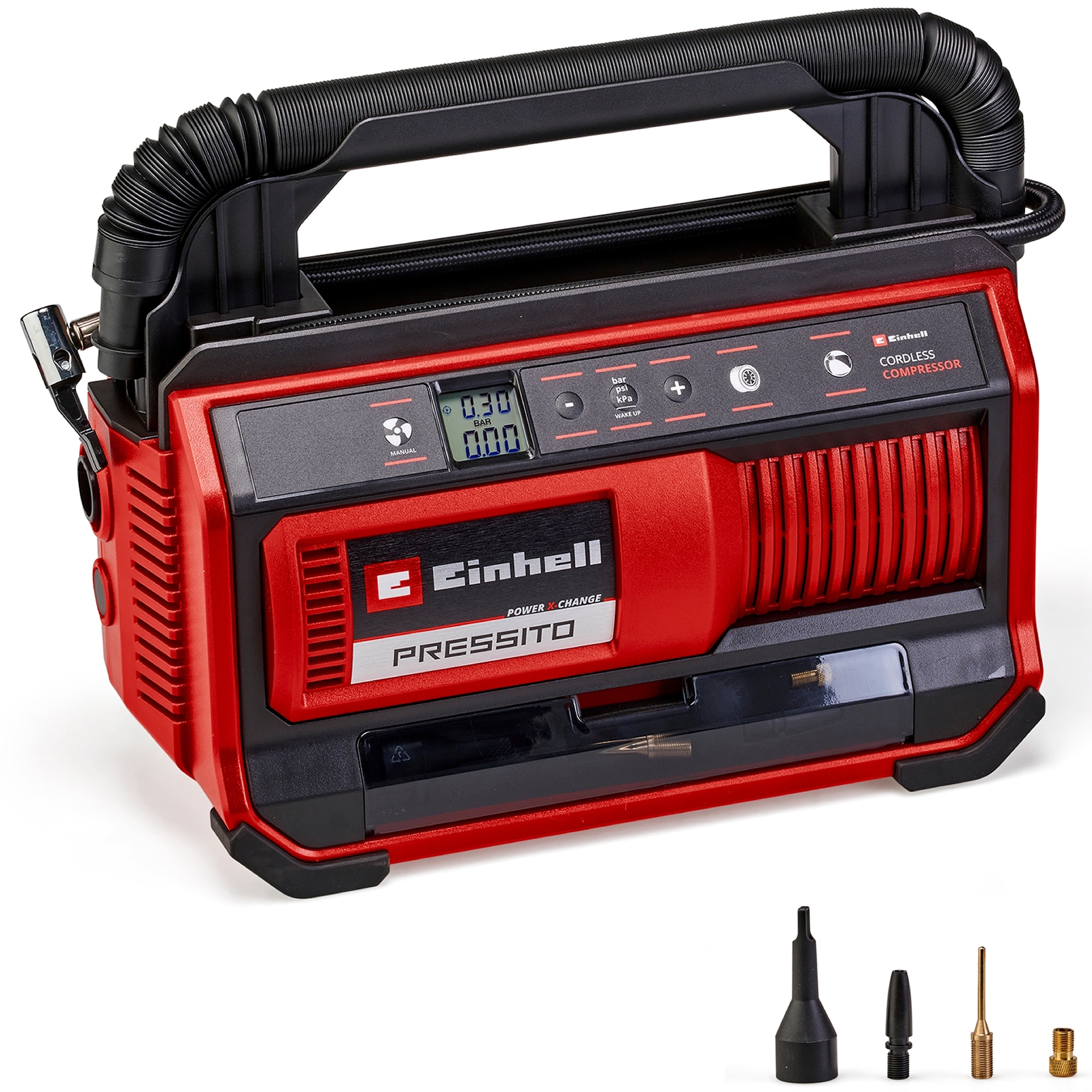Compresor pe acumulator Einhell Power X-Change PRESSITO 18/25, 18 V, 11 bar presiune maxima, set de adaptoare din 3 piese, furtun de inalta presiune de 71 cm si furtun de joasa pre