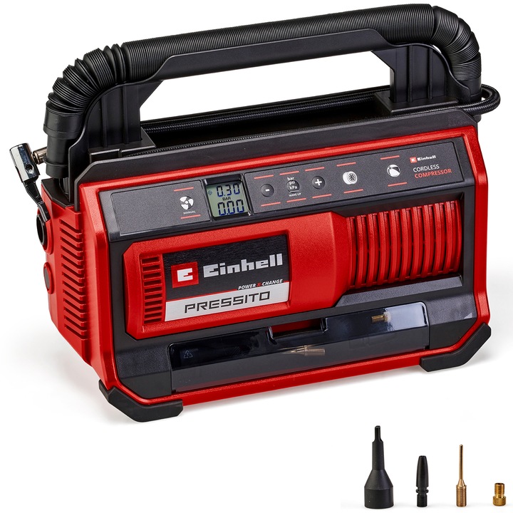 Акумулаторен компресор Einhell Power X-Change PRESSITO 18/25, 18 V, Максимално налягане 11 бара, Комплект адаптери от 3 части, Маркуч за високо налягане 71 см и маркуч за ниско налягане 1,6 м, Без батерия/зарядно устройство