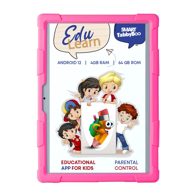 SMART TabbyBoo EduLearn Fun táblagép, 64 GB, 4 GB RAM, Android 12 szülői felügyelettel, WiFi 6, 10" IPS képernyő, játékok és oktatási tevékenységek gyerekeknek - rózsaszín