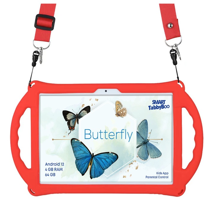Детски таблет SMART TabbyBoo Пеперуда Fun, 4GB RAM, 64GB, Android 12, WiFi 6, 10" IPS, червен
