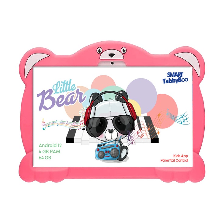 SMART TabbyBoo Bear Fun tablet, 64 GB, 4 GB RAM, Android 12 szülői felügyelettel, WiFi 6, 10" IPS képernyő, játékok és oktatási tevékenységek gyerekeknek - rózsaszín