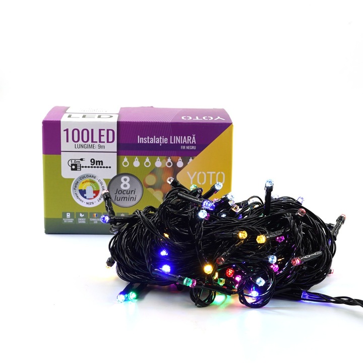 Lineáris karácsonyi fényfüzér, 10 m, ebből 1 m 220V-os kábel, 100 LED, 8 fényjáték, 6 sarkú égő, beltéri, vezérlővel, fekete vezeték, többszínű