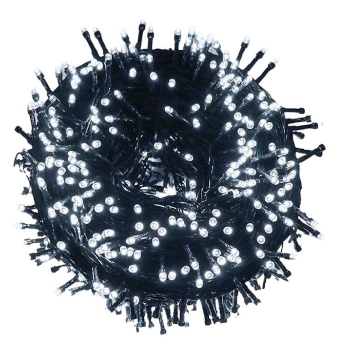 Karácsonyi égősor, 8 fényjáték, 22 m, 300 LED, hideg fehér, Fekete kábel, 1 m kábel, Beltéri / Kültéri