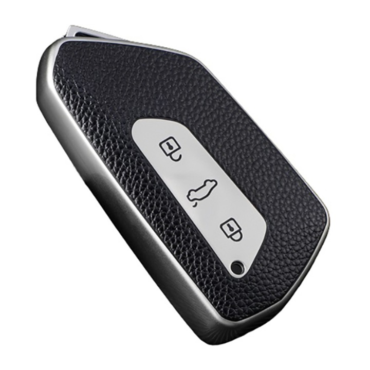 OEM Ezüst tok, bőrbetétekkel, kulcshhoz, VW Golf 8 MK8 ID.3 ID.4 Cupra Skoda Octavia A8 Seat Leon MK4 2020