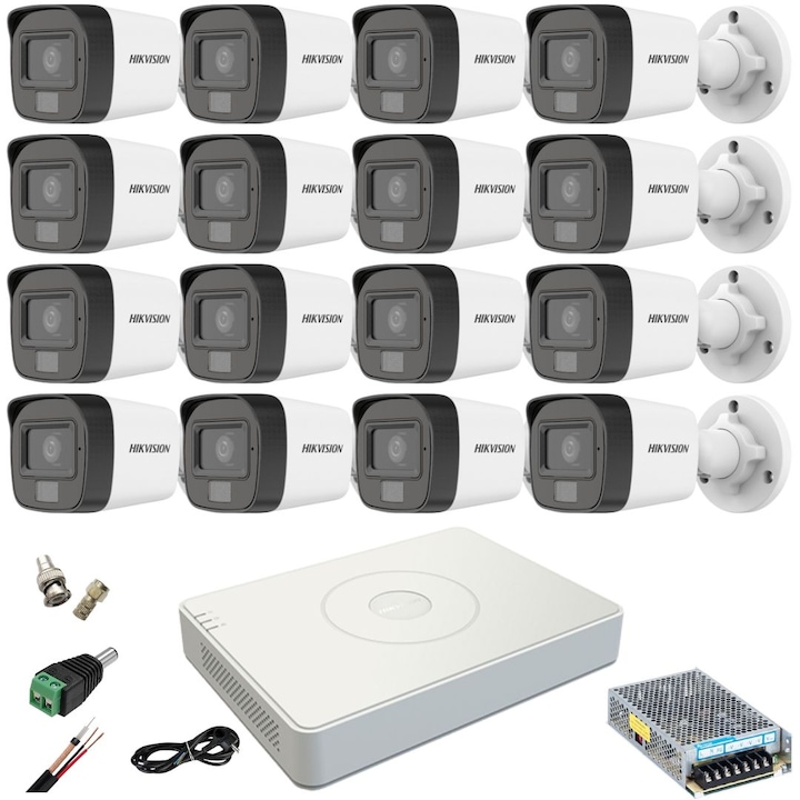 Kit Sistem Supraveghere si Securitate, 8 Camere Exterior Ultra HD 5MP High-Performance 40m ARRAY EXIR Hikvision + DVR 16 canale pana la 5MP, Auto-Adaptiv HDTVI/HDCVI/AHD/CVBS