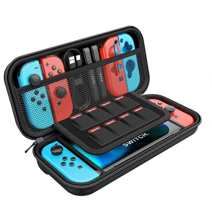 Husa de transport consola Nintendo Switch, Darklove, Set 11 in 1 super kit, Compatibil cu Switch/Switch OLED, Negru