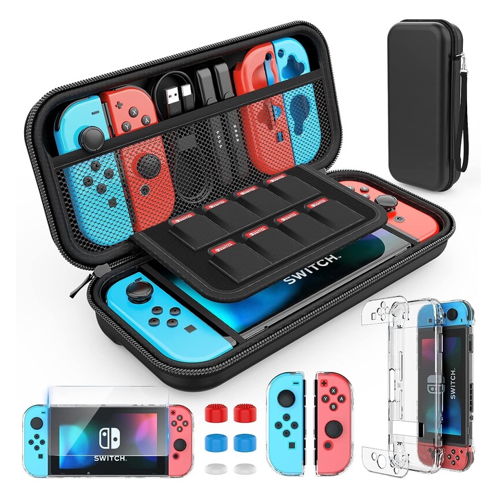 Husa de transport consola Nintendo Switch, Darklove, Set 11 in 1 super kit, Compatibil cu Switch/Switch OLED, Negru