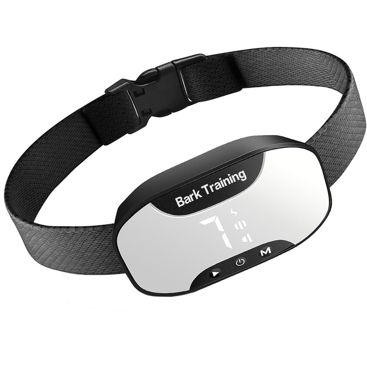 Zgarda electrica profesionala, pentru dresaj, led, reglabil, reincarcabil, 7 nivele, 3 functii sunet, vibratie, pulsatie, ABS\nailon, impermeabil, rezistent la praf, potrivit pentru caini mari/medii/mici, Previne latratul, Negru