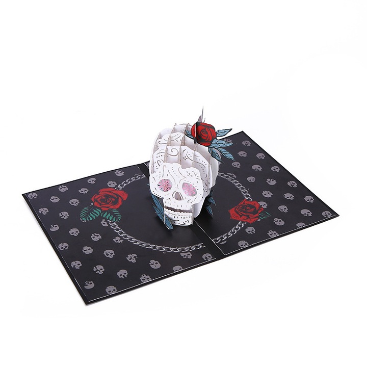 Felicitari 3D Halloween cu craniu si floare roz, set de 3, design taiat laser