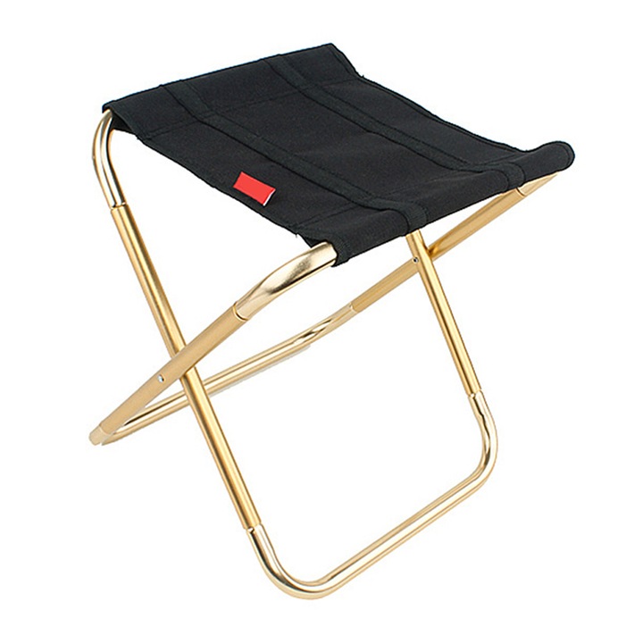 Mini scaun pliabil de camping, JeiibrZui, Aluminiu/Textil, Negru/Auriu