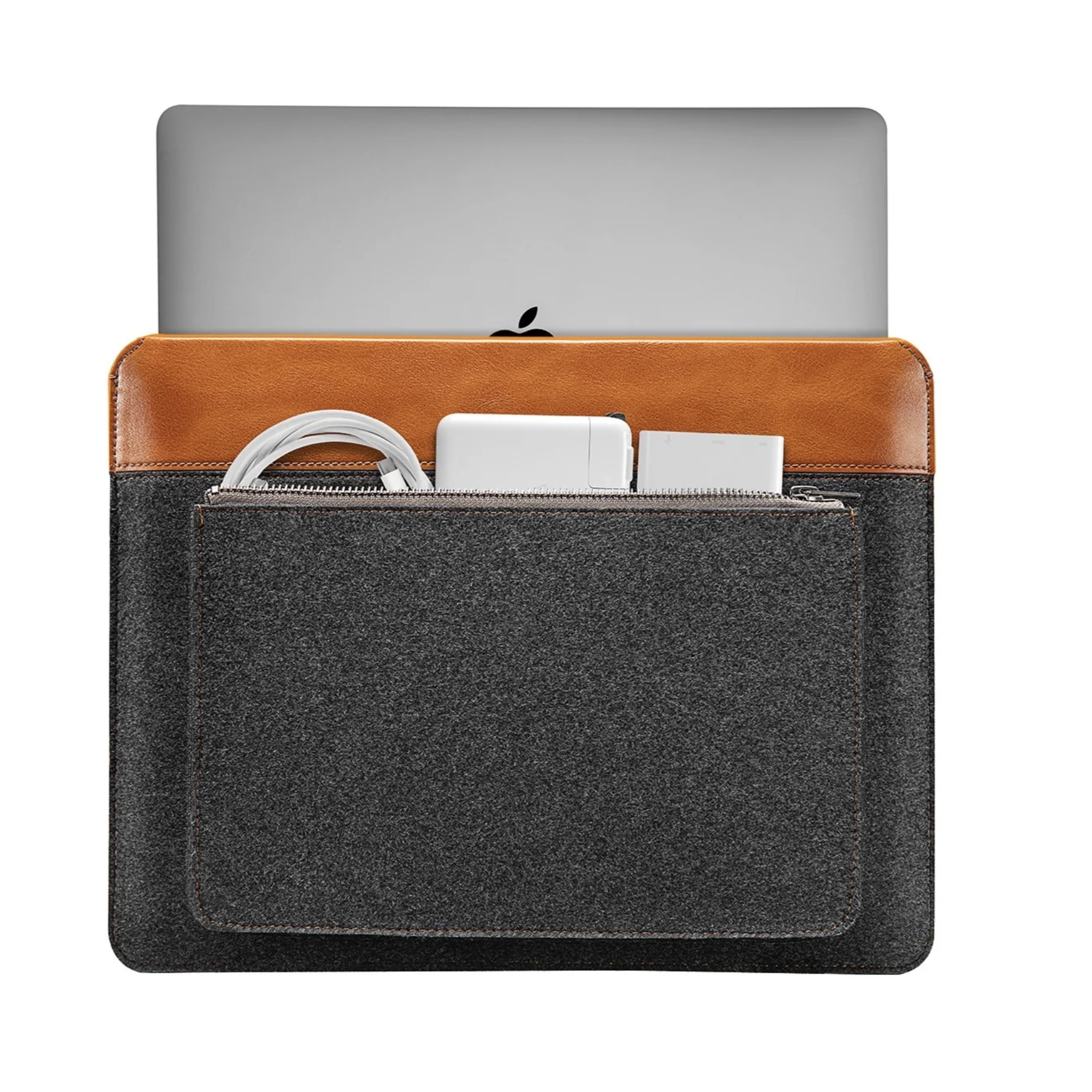 Husa pentru laptop, Tomtoc, Fetru/Piele ecologica, 14-inchi, Gri/Maro