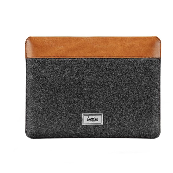 Husa pentru laptop, Tomtoc, Fetru/Piele ecologica, 14-inchi, Gri/Maro