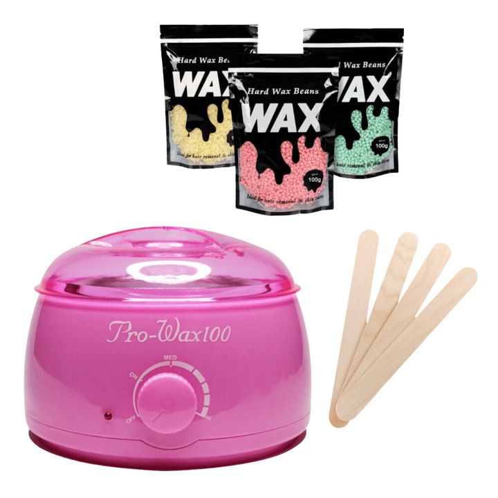 Kit epilare cu incalzitor pro-wax, 300 g ceara elastica, 10 spatule, roz