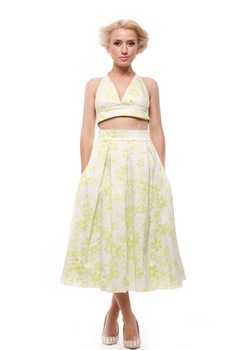 Fusta midi din bumbac satinat cu pliuri si buzunare, alba cu flori, DyStyle, Alb Fusta midi din bumbac satinat cu pliuri si buzunare, alba cu flori, DyStyle, Alb