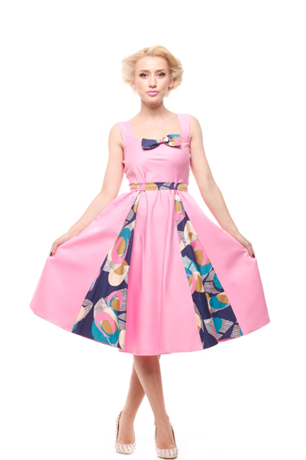 Rochie midi roz cu insertii colorate, DyStyle, Roz