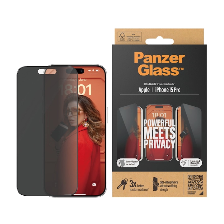 Защитно фолио PanzerGlass UWF Privacy, За iPhone 15 Pro, С апликатор, Черен