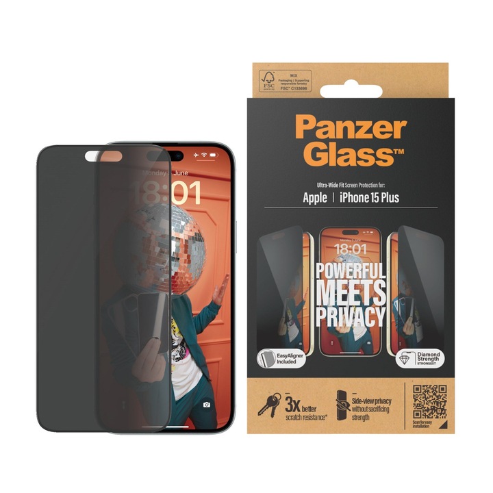 Folie de protectie Sticla PanzerGlass UWF Privacy pentru iPhone 15 Plus cu aplicator, Negru