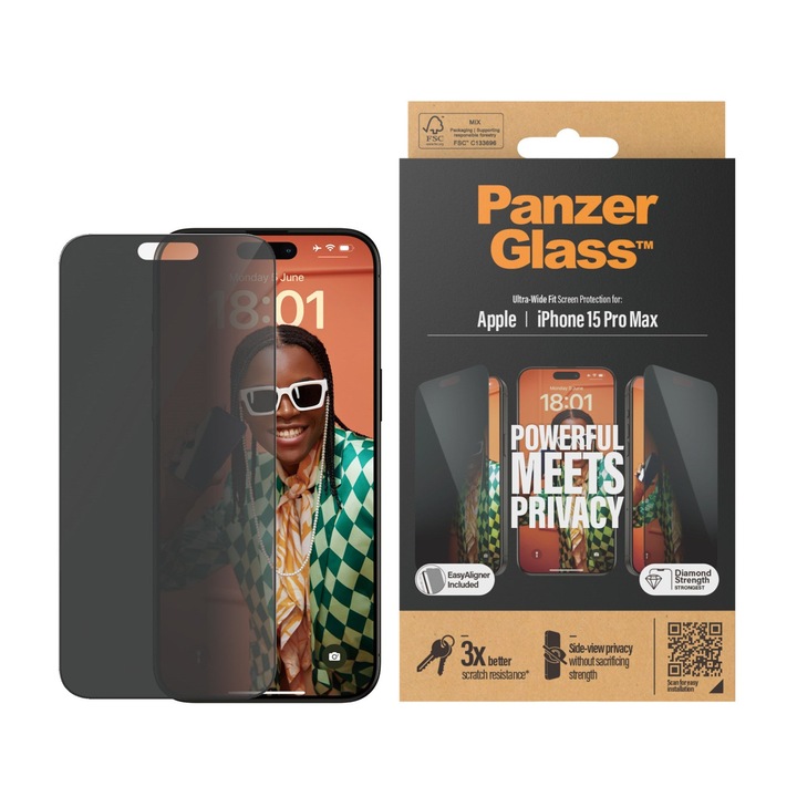 Защитно фолио PanzerGlass UWF Privacy, За iPhone 15 Pro Max, С апликатор, Черен