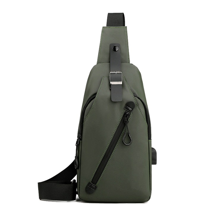 Válltáska, víz- és szakadásálló, légáteresztő anyagból, USB töltőporttal, hadseregzöld