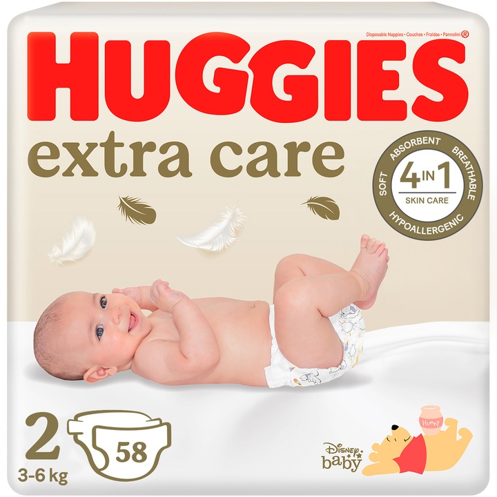 Scutece Huggies Extra Care 2, Jumbo, 3-6 kg, 58 buc