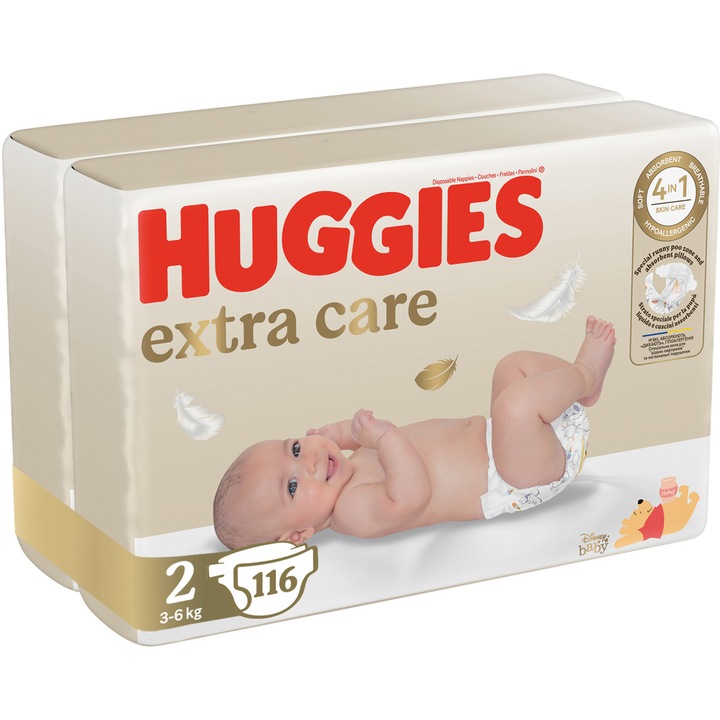 Pachet Scutece Huggies Extra Care 2, Jumbo, 3-6 kg, 116 buc