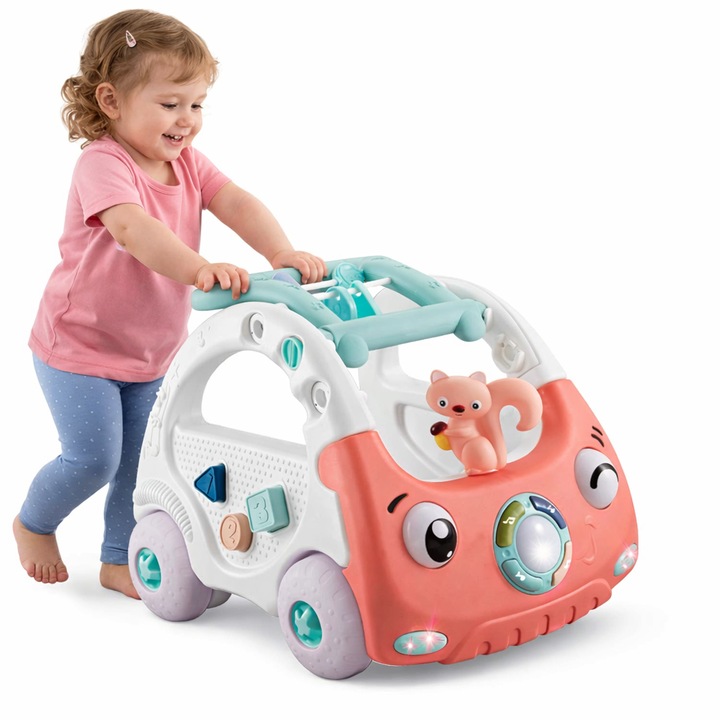 Antemergator Multifunctional 3in1, Discovery Car Drive and Play, Centru de Activitati Muzical in Forma de Masinuta, Cu Cuburi, Margele Rotative, Veverita, 6-36 luni, Roz Corai