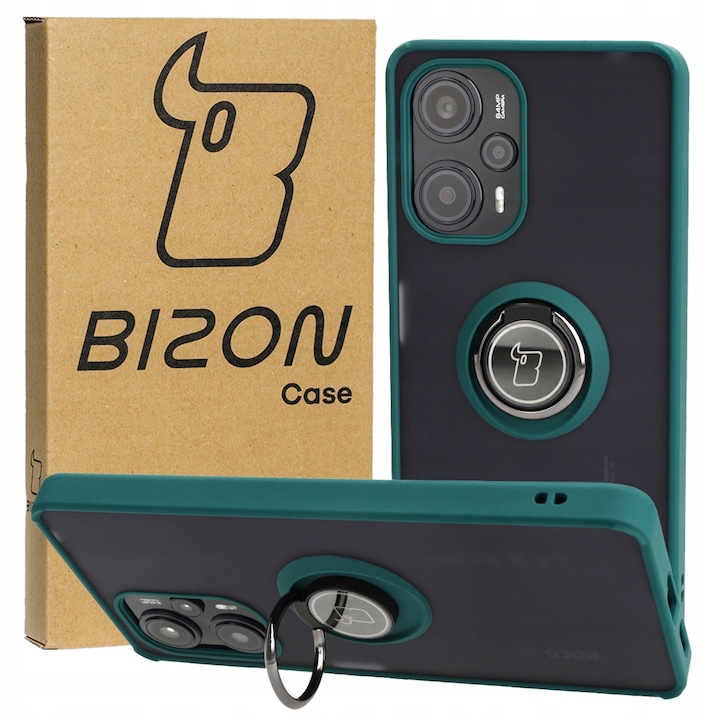 Калъф с пръстен за телефон, Bizon, Съвместим с Xiaomi Poco F5, Полиуретан, Зелен