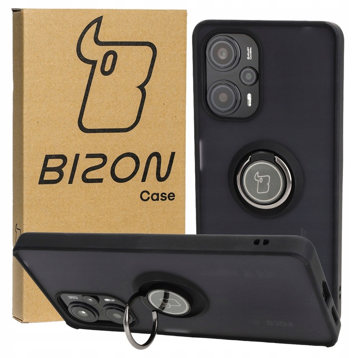 Калъф с пръстен за телефон, Bizon, Съвместим с Xiaomi Poco F5, Полиуретан, Черен