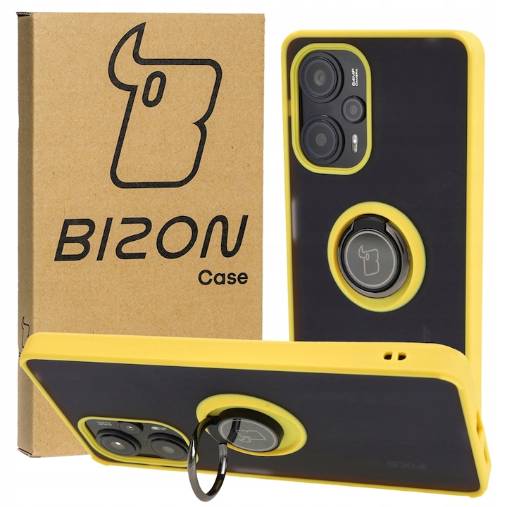Калъф с пръстен за телефон, Bizon, Съвместим с Xiaomi Poco F5, Полиуретан, Жълт