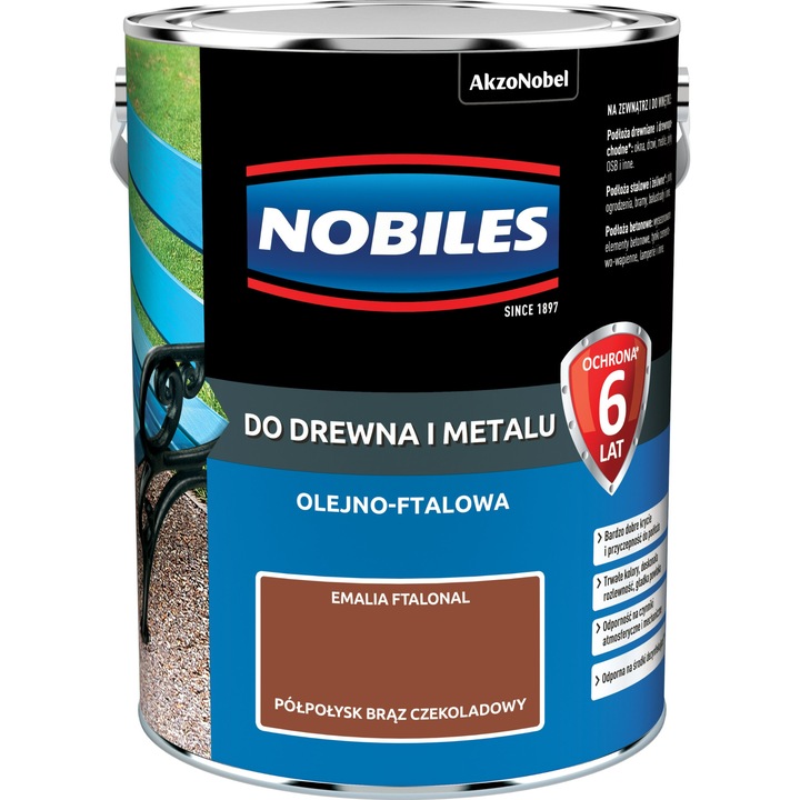 Dekoratív festék fára, Nobiles, Félfényes felület, 5 l, Csokoládébarna