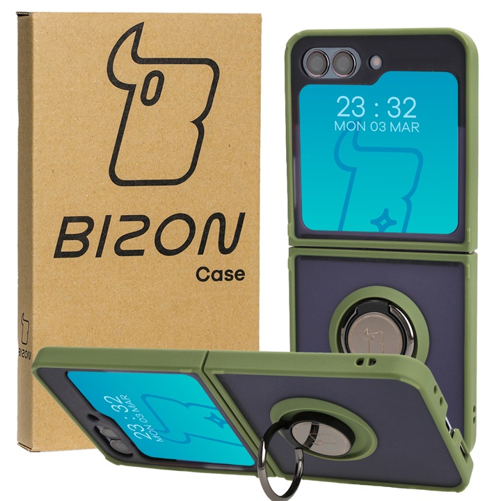 Кейс със звънец за телефон, Bizon, Съвместим с Samsung Galaxy Z Flip5, Полиуретан, Зелен