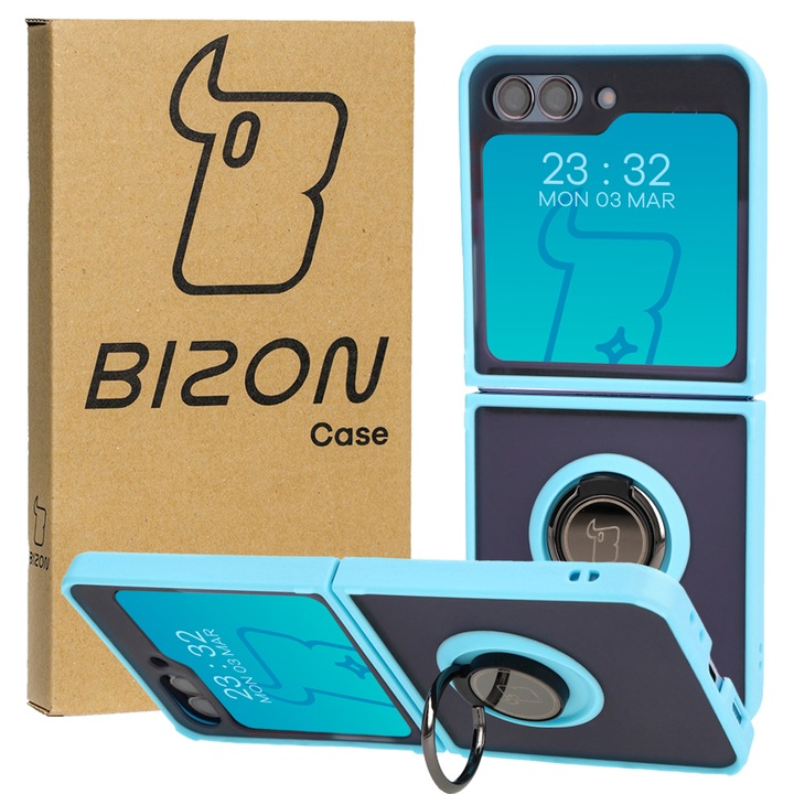 Кейс със звънец за телефон, Bizon, Съвместим с Samsung Galaxy Z Flip5, Полиуретан, Син