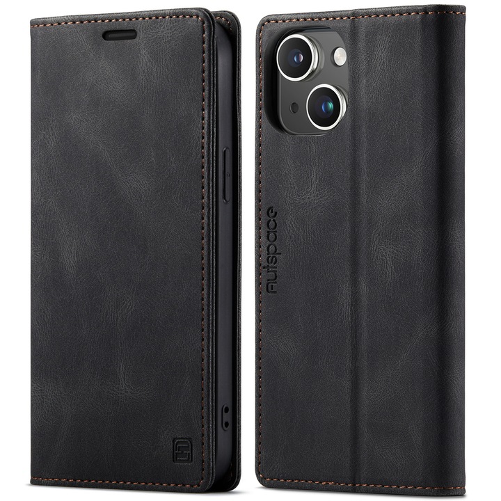 Husa pentru iPhone 15 Plus, CaseMe Retro, slim, piele, tip portofel, stand, inchidere magnetica, textura moale, protectie RFID, Negru