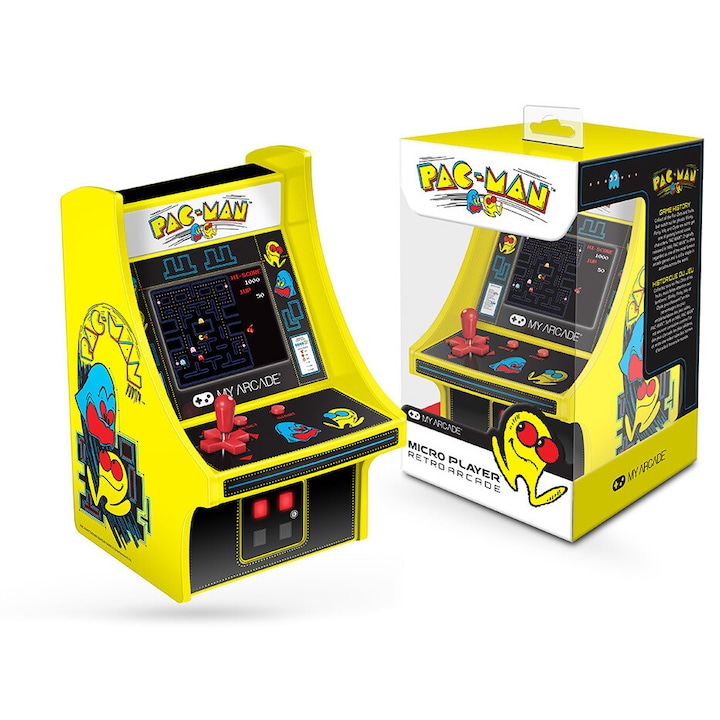 Mini-consola jocuri retro MyArcade, Pac-Man, complet redabila, de colectie, display color 2.75”, difuzor integrat, port jack 3.5 mm, galben