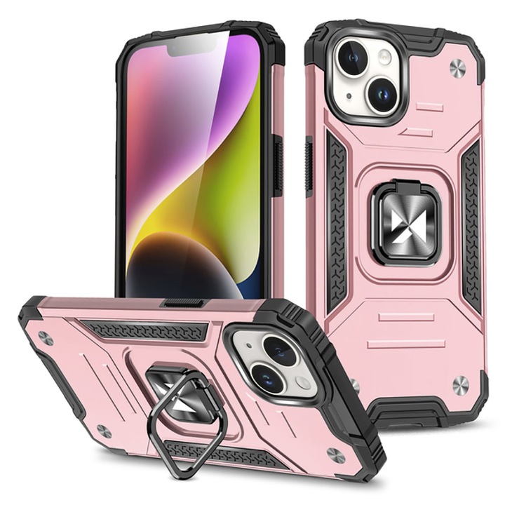 Armor Ring tok Apple iPhone 15 Pro készülékhez, Army Shield, hibrid szerkezet, rendkívül tartós, 360°-os mágneses támasztógyűrű, strapabíró, tartós tok, optimális védelem, rózsaszín